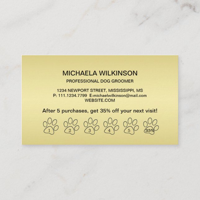 Gold Shiny Dog Paw auf Black Pet Grooming Service Treuekarte (Rückseite)