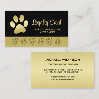 Gold Shiny Dog Paw auf Black Pet Grooming Service Treuekarte