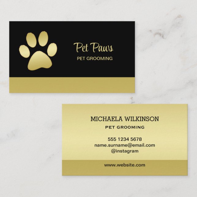Gold Shiny Dog Paw auf Black Pet Grooming Service Visitenkarte (Vorne/Hinten)