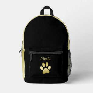 Gold Shiny Dog Paw auf schwarzem Hintergrund Bedruckter Rucksack