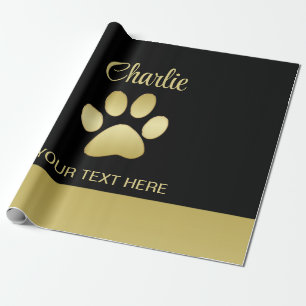 Gold Shiny Dog Paw auf schwarzem Hintergrund Geschenkpapier