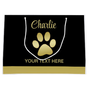 Gold Shiny Dog Paw auf schwarzem Hintergrund Große Geschenktüte