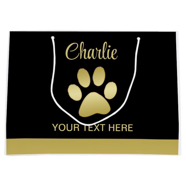 Gold Shiny Dog Paw auf schwarzem Hintergrund Große Geschenktüte (Vorderseite)