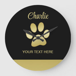 Gold Shiny Dog Paw auf schwarzem Hintergrund Große Wanduhr