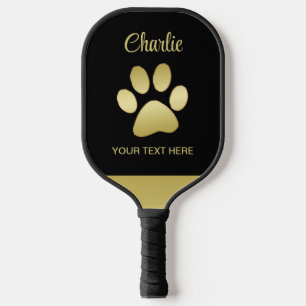 Gold Shiny Dog Paw auf schwarzem Hintergrund Pickleball Schläger