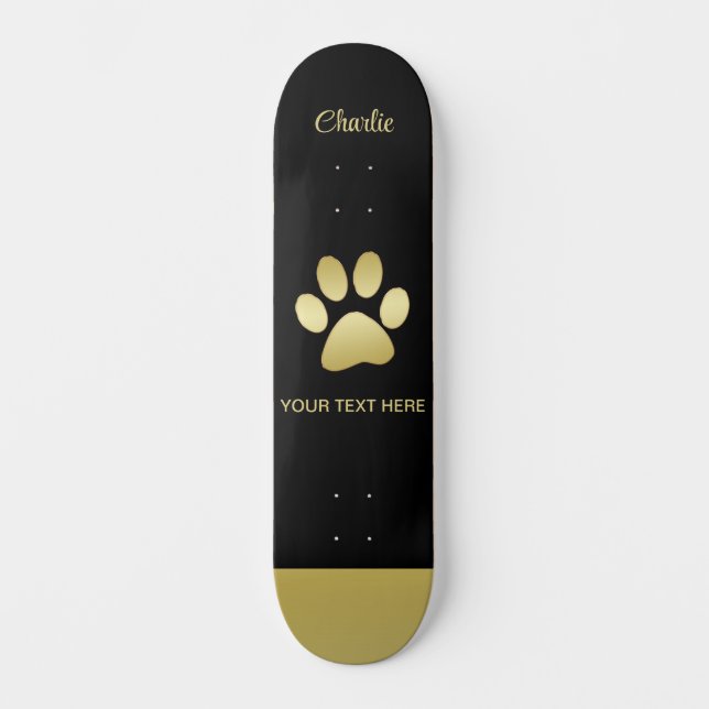 Gold Shiny Dog Paw auf schwarzem Hintergrund Skateboard (Vorderseite)