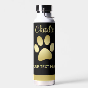 Gold Shiny Dog Paw auf schwarzem Hintergrund Trinkflasche