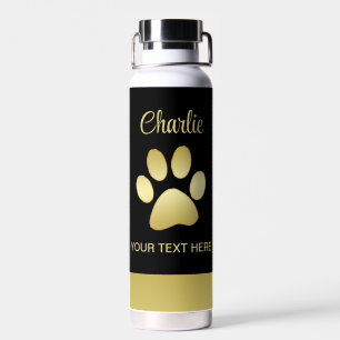 Gold Shiny Dog Paw auf schwarzem Hintergrund Trinkflasche