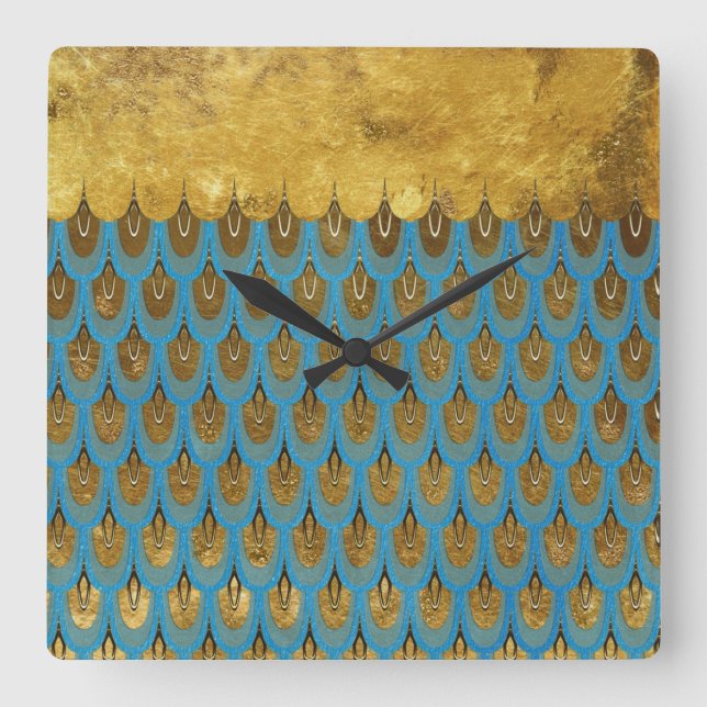 Gold Shiny Princess Mermaid Glitzer Scales Quadratische Wanduhr (Vorderseite)