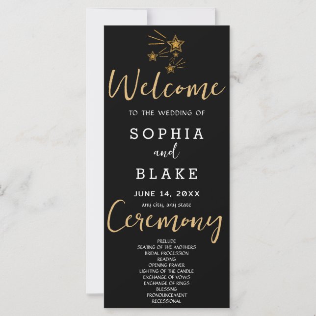 Gold Shooting Stars Black Wedding Programm (Vorderseite)