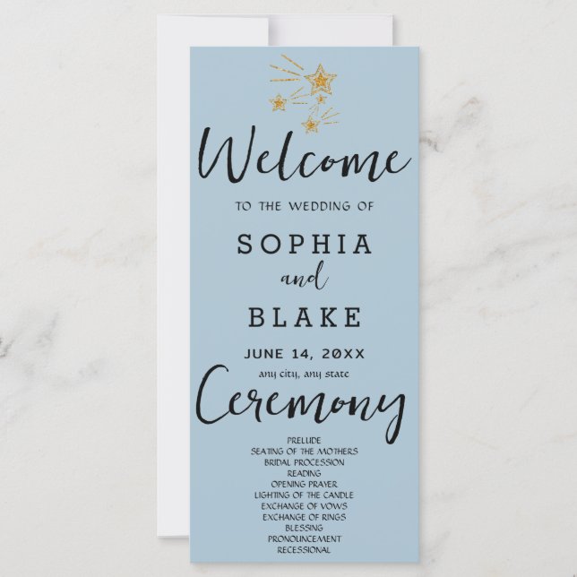 Gold Shooting Stars Blue Gray Wedding Program (Vorderseite)