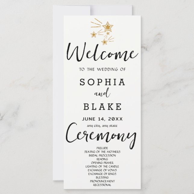 Gold Shooting Stars Off White Wedding Programm (Vorderseite)