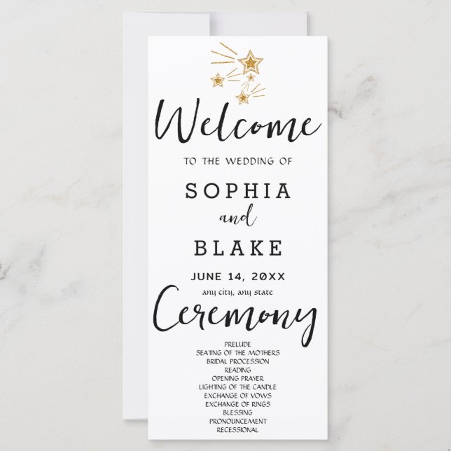 Gold Shooting Stars White Wedding Programm (Vorderseite)
