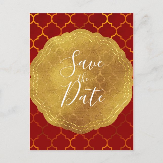 Gold Siegel Foil Fiery Red Indian Save the Date Ankündigungspostkarte (Vorderseite)