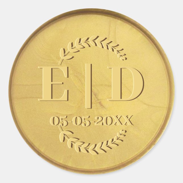 Gold Siegel Monogram Date Antique Botanical Blätte Runder Aufkleber (Vorderseite)