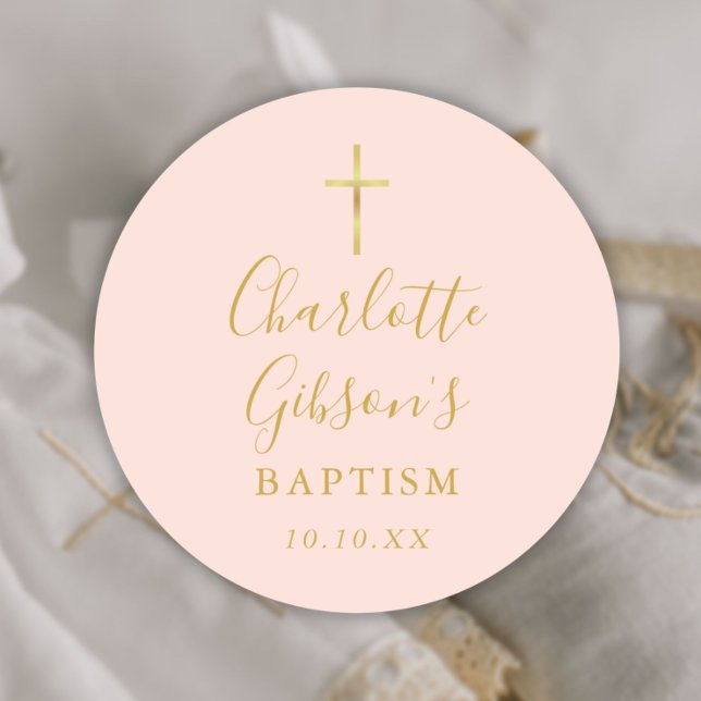 Gold Signature Taufe Christening Blush Pink Runder Aufkleber (Gold Signature Baptism Christening Blush Pink Classic Round Sticker)