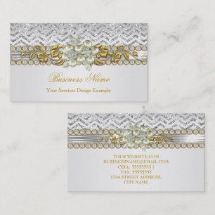 Gold Silber Chevron Weiße Diamant Perle Floral Visitenkarte