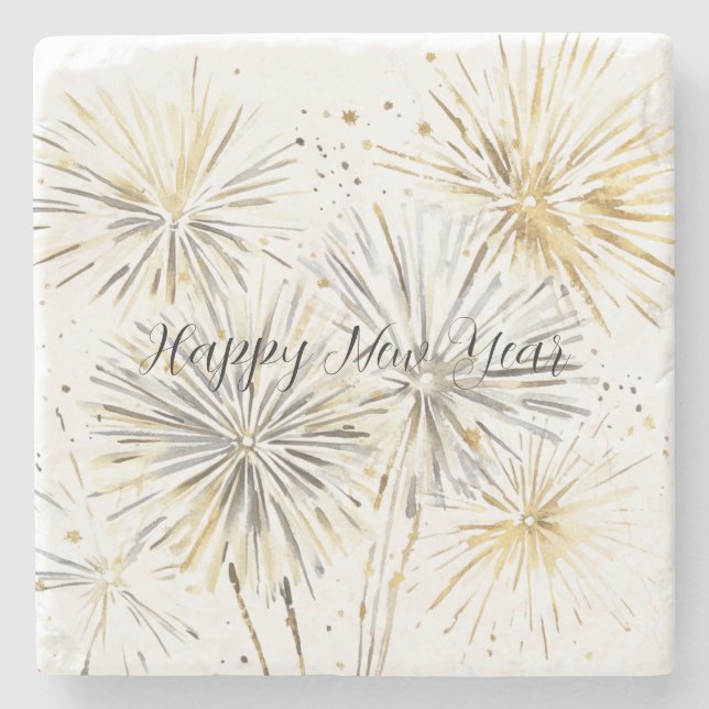 Gold Silber Feuerwerk Silvester oder Neujahr Steinuntersetzer (Vorderseite)
