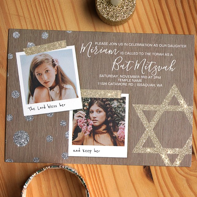 Gold & Silber Glitzer Bat Mitzvah Einladung (Gold, pewter, beige glitter star of david bat mitzvah invitation with photos)