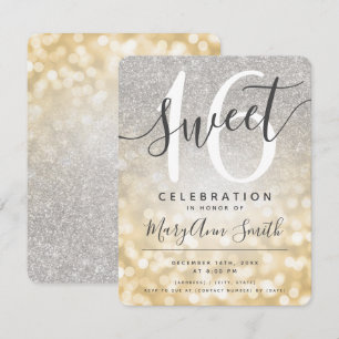 Gold & Silber Glitzer Lights Sweet 16. Einladung