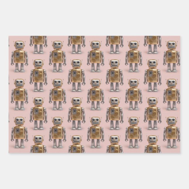 Gold Silber Robot Pink Wrapping Paper Geschenkpapier Set (Vorderseite)