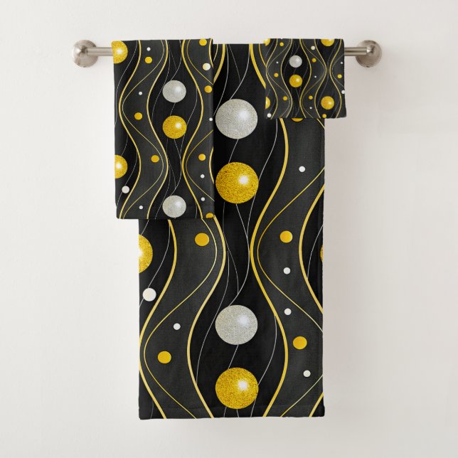 Gold Silber Schwarz Art Deco Muster Badhandtuch Set (Insitu)
