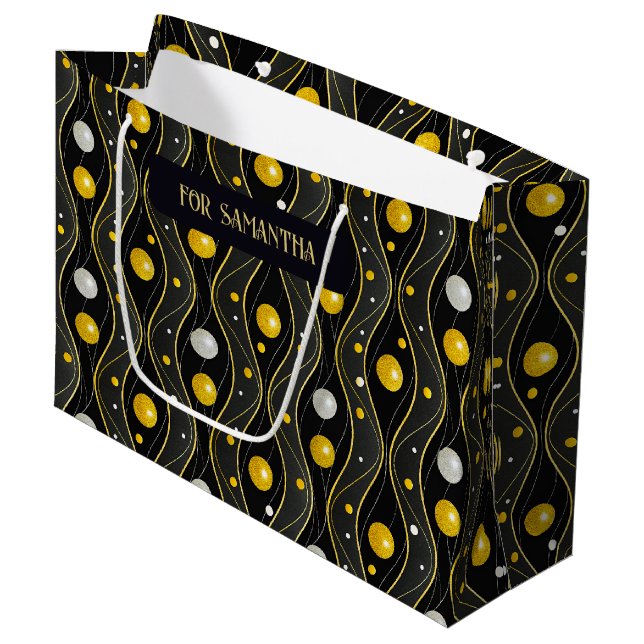 Gold Silber Schwarz Art Deco Muster Große Geschenktüte (Vorderseite Schrägansicht)