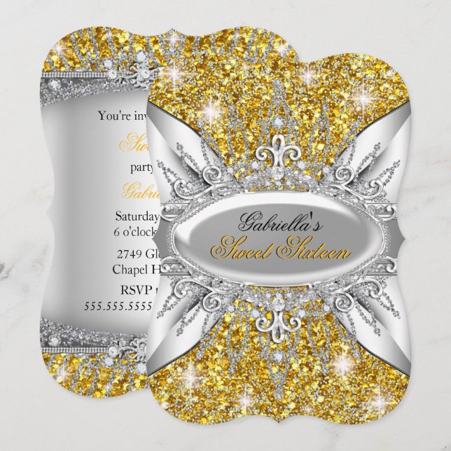 Gold Silber Sparkle Diamond Sweet 16 Einladung (Vorne/Hinten)