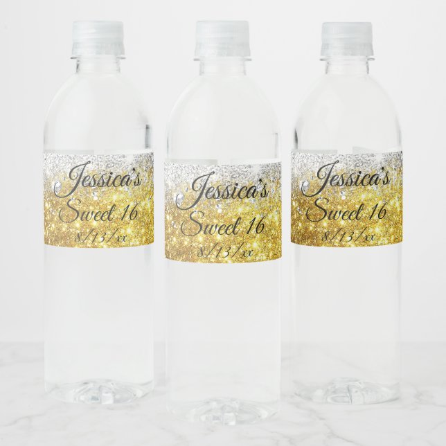 Gold & Silber Sparkling Glitzer Sweet 16 Wasserflaschenetikett (Flaschen)