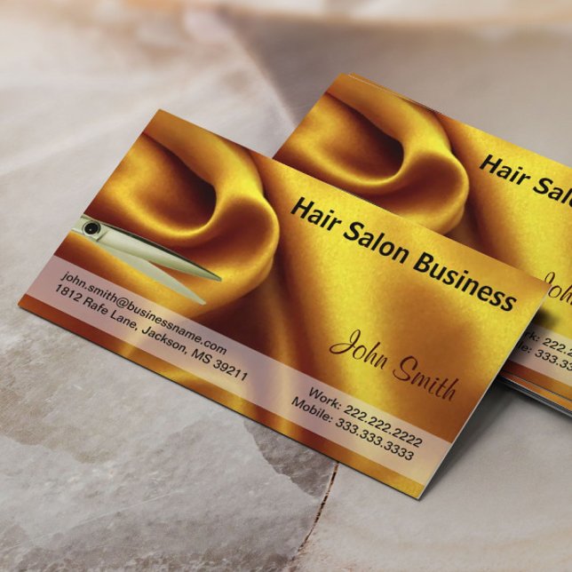 Gold Silk and Scissour Hair Salon Business Card Visitenkarte (Von Creator hochgeladen)
