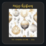 Gold Silver Black Christmas Ornaments Quadratischer Aufkleber<br><div class="desc">In diesem eleganten Vintagen Aquarellmuster sind die Weihnachtsschmuck aus Gold, Silber und Schwarz zu sehen. Wir denken, dass sie auf diesen schwarzen, grenzenlosen Ferienaufklebern elegant aussehen. Sie können den Gruß "Frohe Weihnachten", die in einer goldenen Farbe, die mit den Design-Elementen passt. Denken Sie auch daran, das Beispiel "von" Namen und...</div>