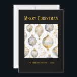 Gold Silver Black Ornaments Christmas Card Feiertagskarte<br><div class="desc">A lovely holiday card to give for Christmas, it features a watercolor pattern of gold and silver ornaments that is very elegant. The background of the card is black. You can keep or change the faux gold "Merry Christmas" greeting. Be sure to edit the example "from" names and date. On...</div>