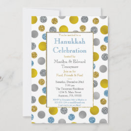 Gold Silver Blue Dots Hanukkah Einladung