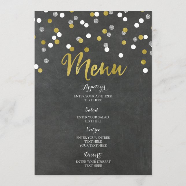 Gold Silver Chalkboard Confetti Wedding Menü Menükarte (Vorderseite)