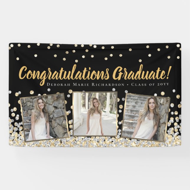 Gold Silver Confetti Foto Collage Abschluss Banner (Horizontal)