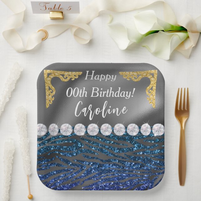 Gold Silver Foil & Dark Blue Zebra Print Birthday Pappteller (Hochzeit)