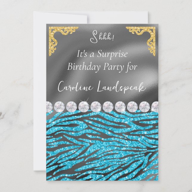 Gold Silver Foil Light Blue Zebra Print Birthday Einladung (Vorderseite)