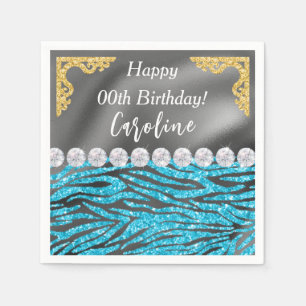 Gold Silver Foil & Light Blue Zebra Print Birthday Serviette