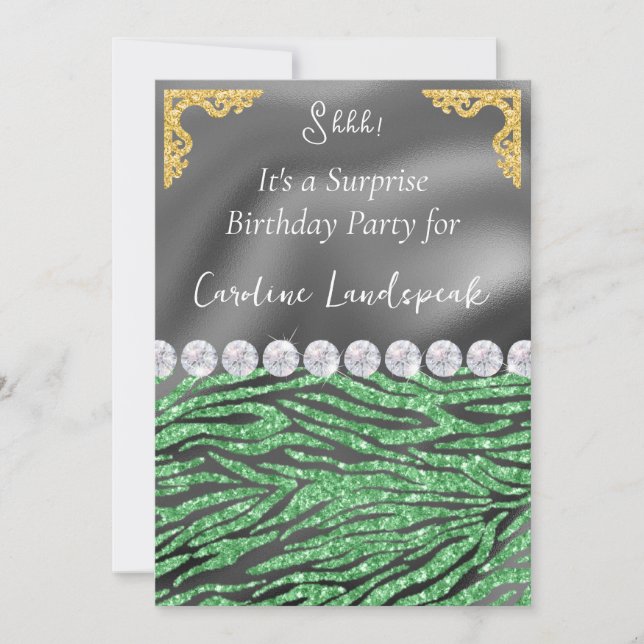 Gold Silver Foil & Light Green Zebra Print Birthda Einladung (Vorderseite)