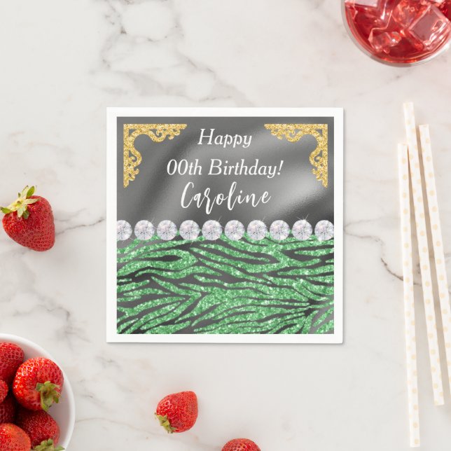 Gold Silver Foil Light Green Zebra Print Birthday Serviette (Beispiel)