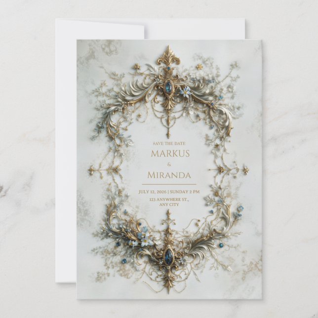 Gold Silver Frame Blue Gemstone Baroque Wedding Einladung (Vorderseite)