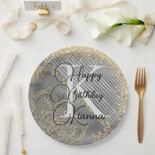 Gold SIlver Glitzer Mandala Monogram Birthday Pappteller