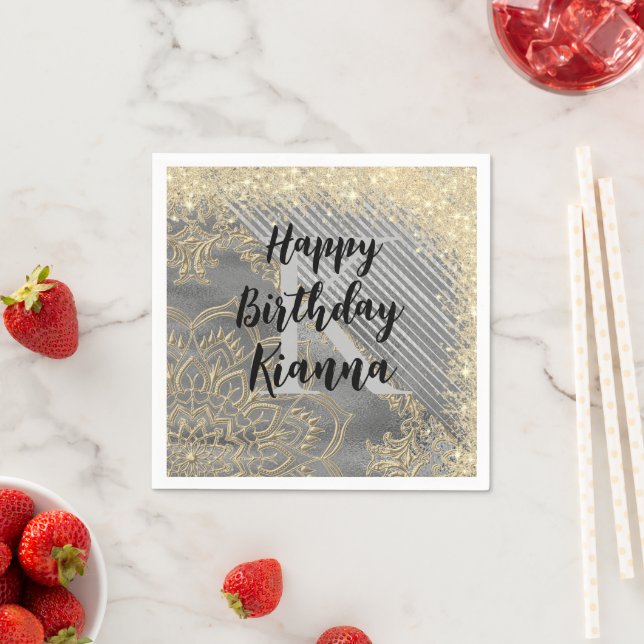 Gold Silver Glitzer Mandala Monogram Birthday Serviette (Beispiel)