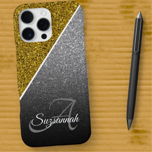 Gold Silver Glitzer Ombre Chic Name Monogram iPhone Hülle (gold and black ombre faux glitter monogram phone case)