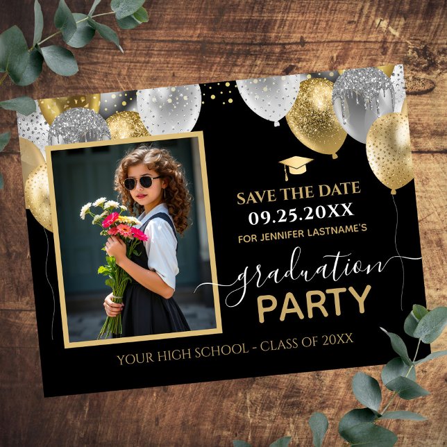 Gold Silver Graduation Party Foto Save the Date Postkarte (Von Creator hochgeladen)