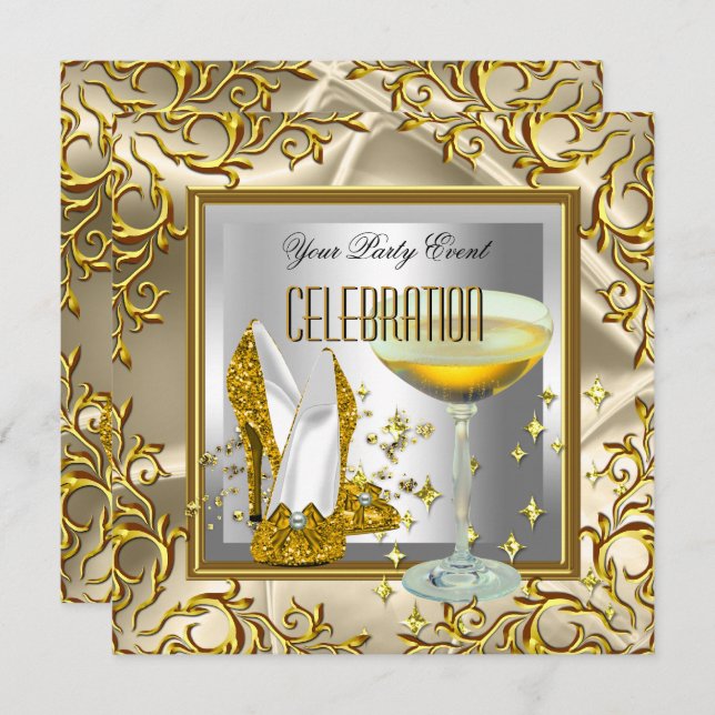 Gold Silver High Heel Shoes Champagner Einladung (Vorne/Hinten)