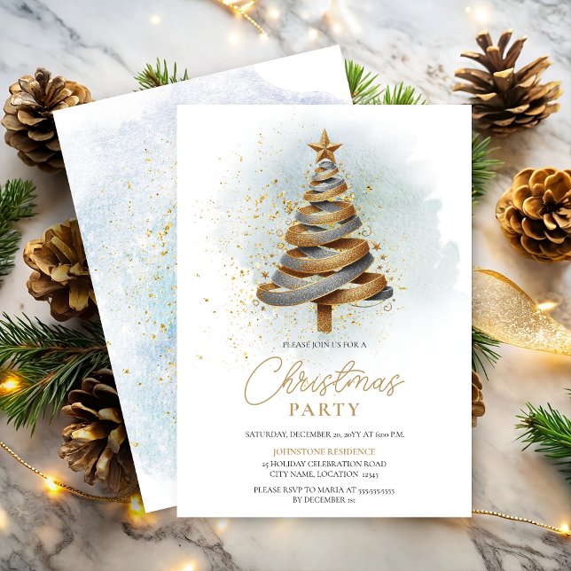Gold Silver Imitats Glitzer Tree Weihnachten Party Einladung (Gold and silver faux glitter ribbon tree Christmas Party invitation front and back view.)