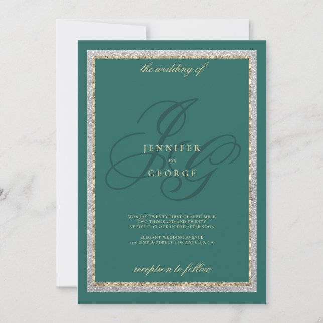 Gold silver jade green monogram initals wedding einladung (Vorderseite)