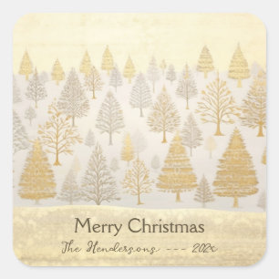 Gold Silver Pine Trees Weihnachten Quadratischer Aufkleber