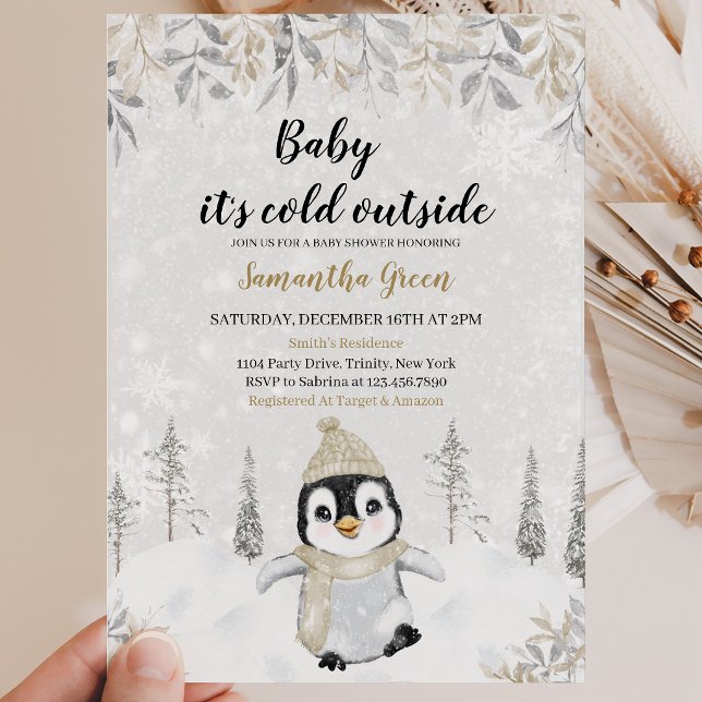 Gold Silver Pinguin Baby Dusche Einladung (Von Creator hochgeladen)